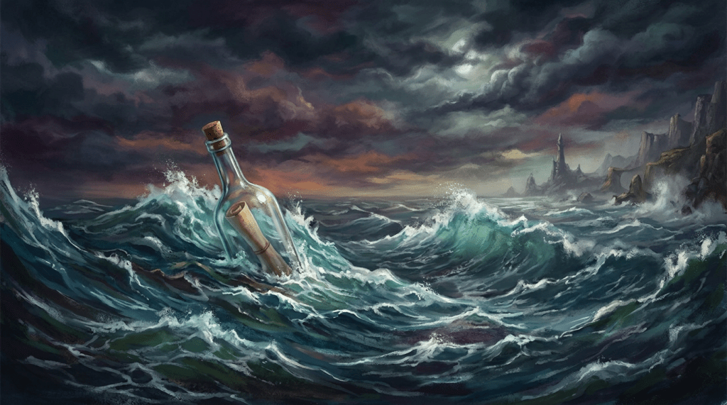 A corked glass bottle with a rolled paper inside floating on rough ocean waves near a rocky coastline under a dark, cloudy sky.